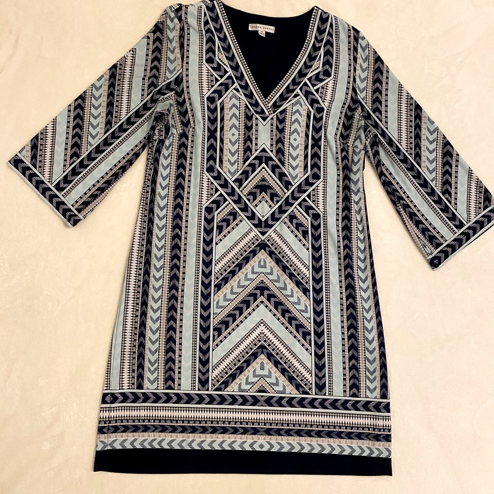 Sandra Darren Navy Blue Aztec Print Dress, Size 12, Good Condition